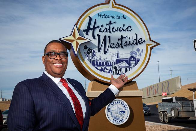 Las Vegas City Councilman Cedric Crear is shown in front of the “Welcome to the Historic Westside” sign, at the offramp of U.S. 95 and Martin Luther King Boulevard, Thursday, Jan. 28, 2021.